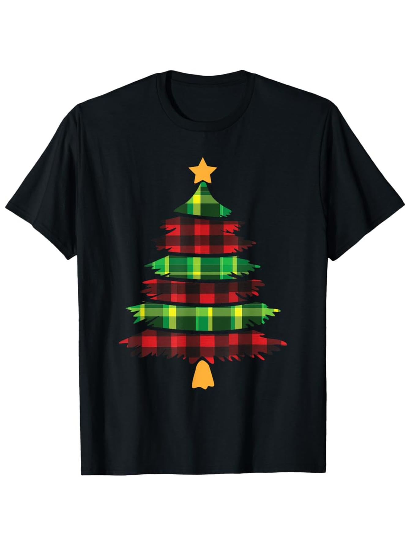 Men's Graphic T-Shirt Plaid Patterned Tree With Golden Star On Festive Christmas Tree