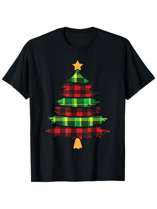 Men's Graphic T-Shirt Plaid Patterned Tree With Golden Star On Festive Christmas Tree
