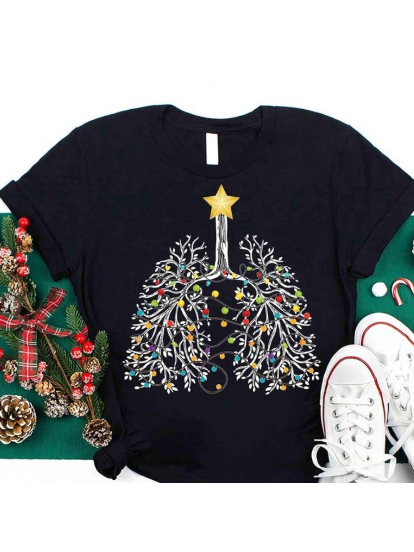 Men's Graphic T-Shirt Colorful Holiday Lights Twined Branches With Golden Star Above Lungs
