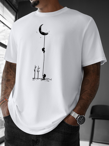 Men's Graphic T-Shirt Whimsical Nighttime Forest Scene With Climbing Silhouette Under Crescent Moon