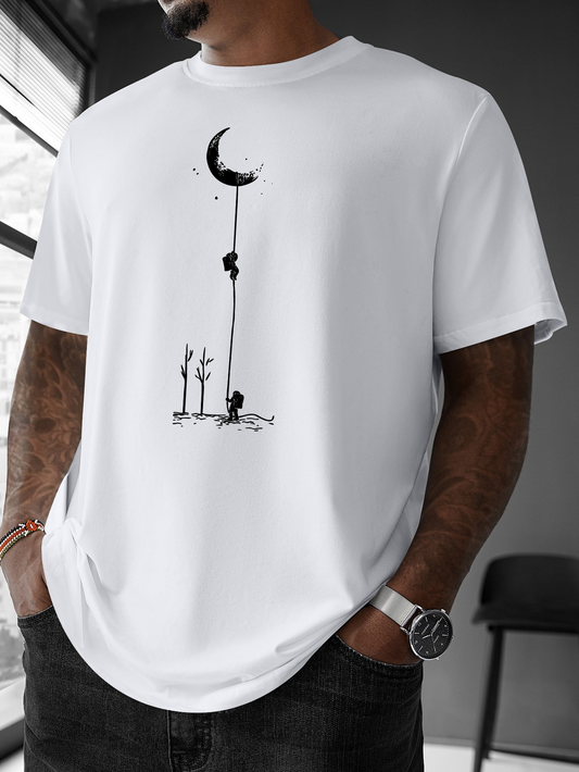 Men's Graphic T-Shirt Whimsical Nighttime Forest Scene With Climbing Silhouette Under Crescent Moon