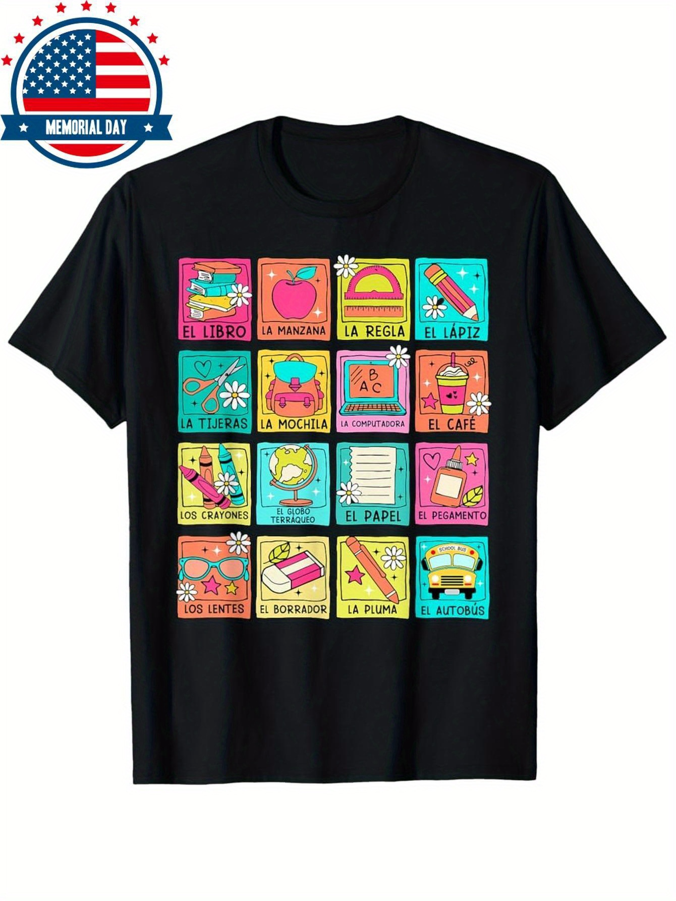 Men's Graphic T-Shirt Cute Food And School Supplies Pattern With Colorful Fun Illustrations Grid