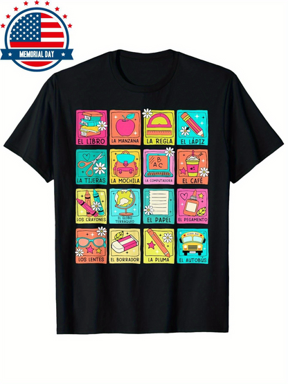 Men's Graphic T-Shirt Cute Food And School Supplies Pattern With Colorful Fun Illustrations Grid
