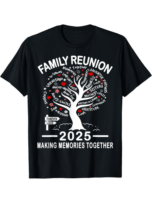 Men's Graphic T-Shirt Family Reunion Tree With Red Hearts Roots And White Lettering