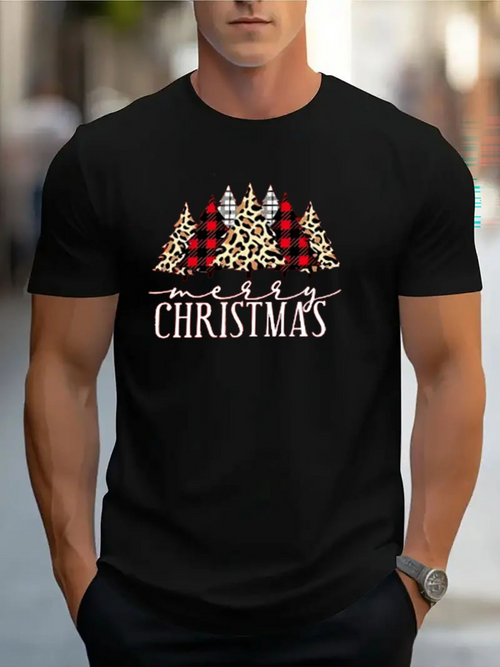 Men's Graphic T-Shirt Merry Christmas Plaid Evergreen Trees With Festive Holiday Patterns Forest