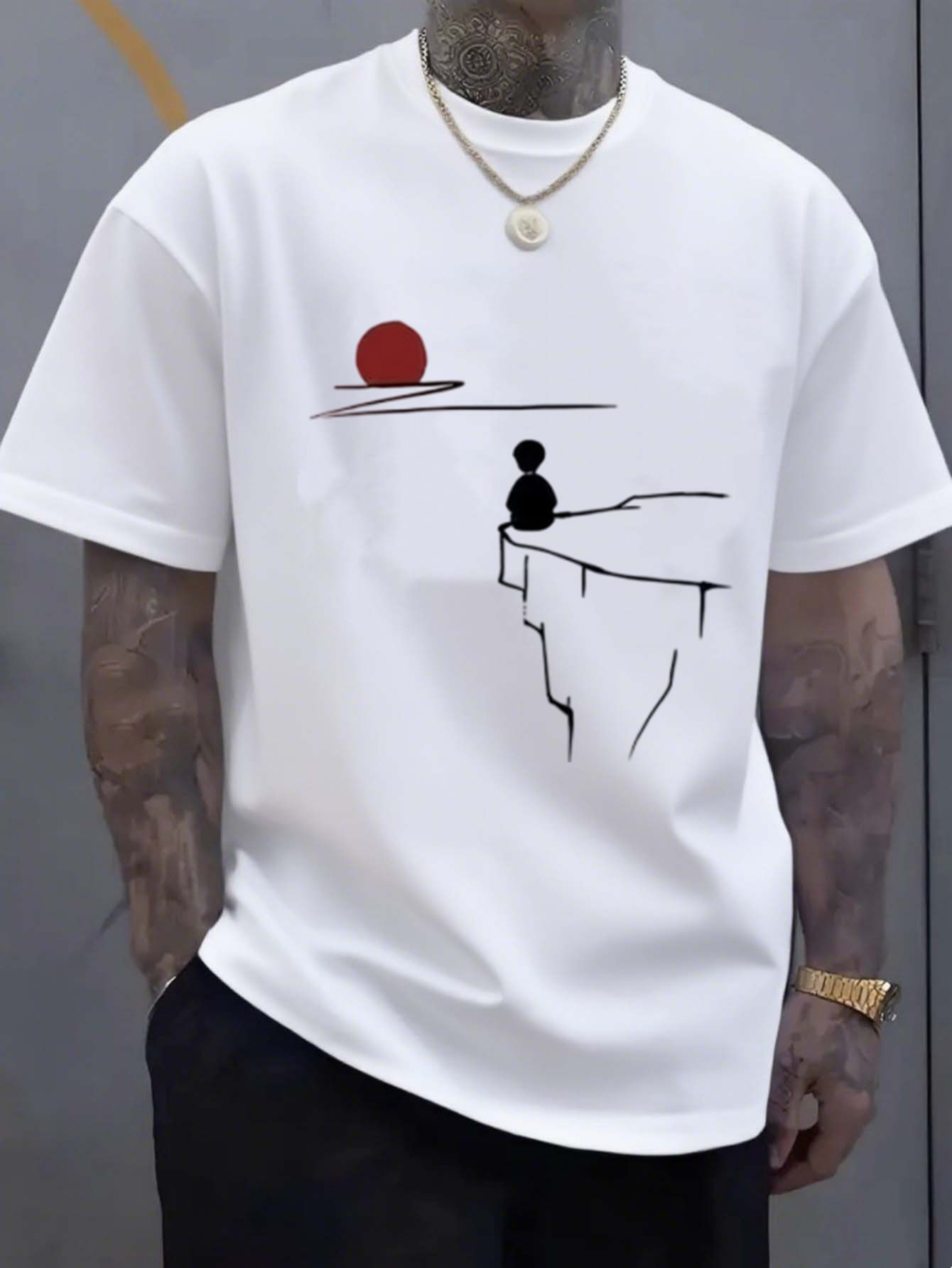 Men's Graphic T-Shirt Red Sun Over Artistic Cliff Edge With Minimalist Seated Silhouette Figure