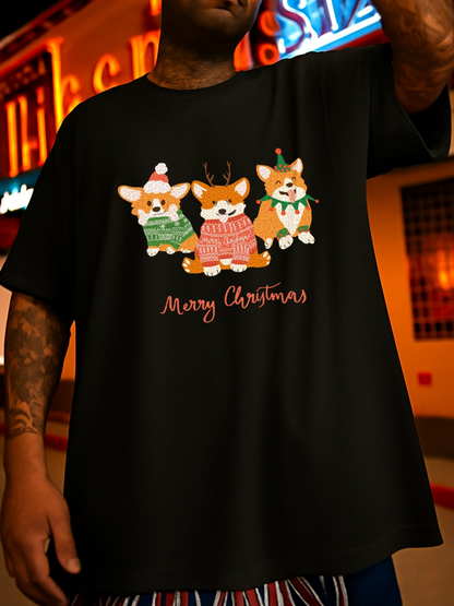 Men's Graphic T-Shirt Merry Christmas Corgis In Festive Sweaters With Santa Hats Under Holiday Lights Dogs