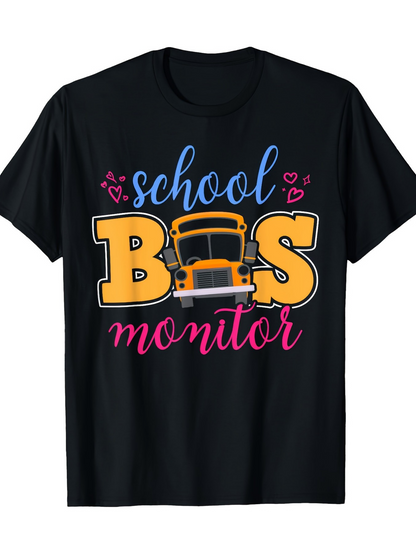 Men's Graphic T-Shirt School Bus Monitor With Yellow Bus Surrounded By Pink Hearts Illustration