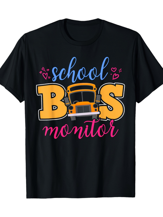 Men's Graphic T-Shirt School Bus Monitor With Yellow Bus Surrounded By Pink Hearts Illustration