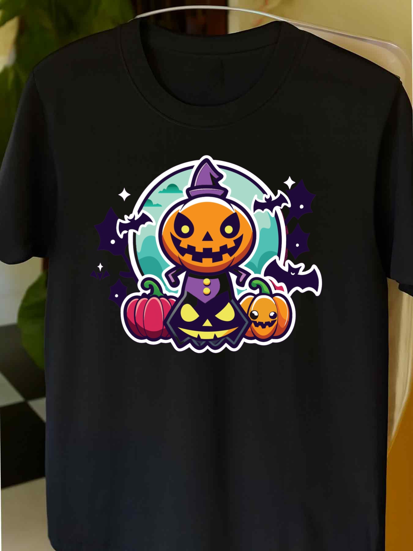 Men's Graphic T-Shirt Witch Hat With Glowing Pumpkins Under Night Sky Scarecrow