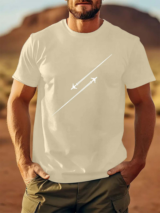 Men's Graphic T-Shirt Minimalist White Line With Airplane Flying Across Sky