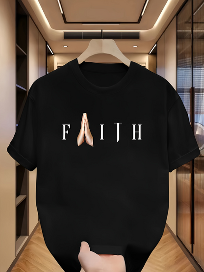 Men's Graphic T-Shirt Faith With Praying Hands Forming A Spiritual Centered Message