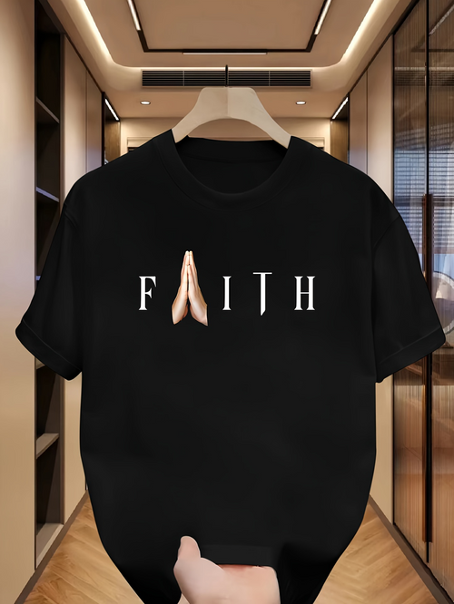 Men's Graphic T-Shirt Faith With Praying Hands Forming A Spiritual Centered Message
