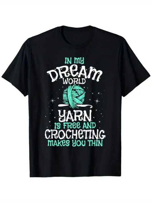 Men's Graphic T-Shirt In My Dream World With Scattered Stars Featuring Yarn Ball And Crochet Needles