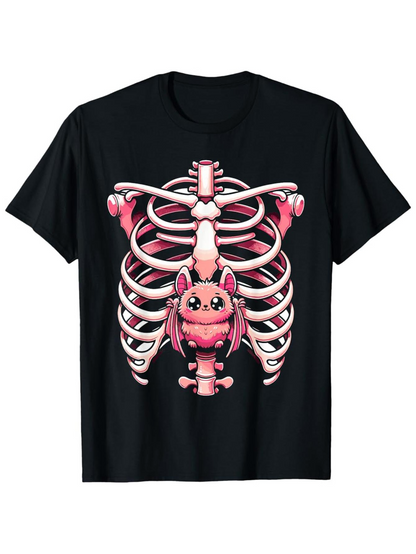 Men's Graphic T-Shirt Cute Pink Cartoon Bat Nestled In Playful Ribcage Bones Underneath Shadows Skeleton