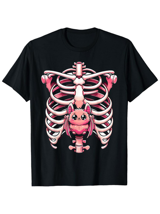 Men's Graphic T-Shirt Cute Pink Cartoon Bat Nestled In Playful Ribcage Bones Underneath Shadows Skeleton