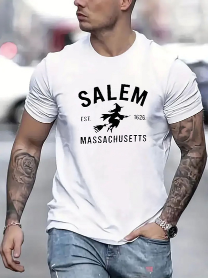 Men's Graphic T-Shirt Salem Massachusetts Witch Flying Over City Nightscape