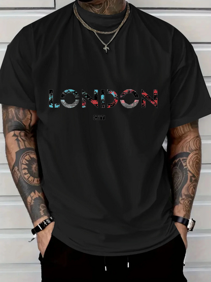 Men's Graphic T-Shirt London Bold Digital Gradient Letters Across The Black Shirt