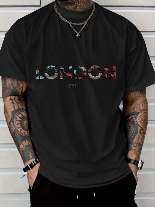 Men's Graphic T-Shirt London Bold Digital Gradient Letters Across The Black Shirt
