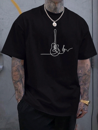 Men's Graphic T-Shirt Single Line Artistic Drawing With Electric Guitar And Sound Wave Guitar