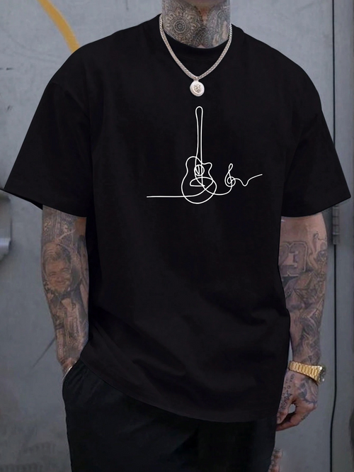 Men's Graphic T-Shirt Single Line Artistic Drawing With Electric Guitar And Sound Wave Guitar