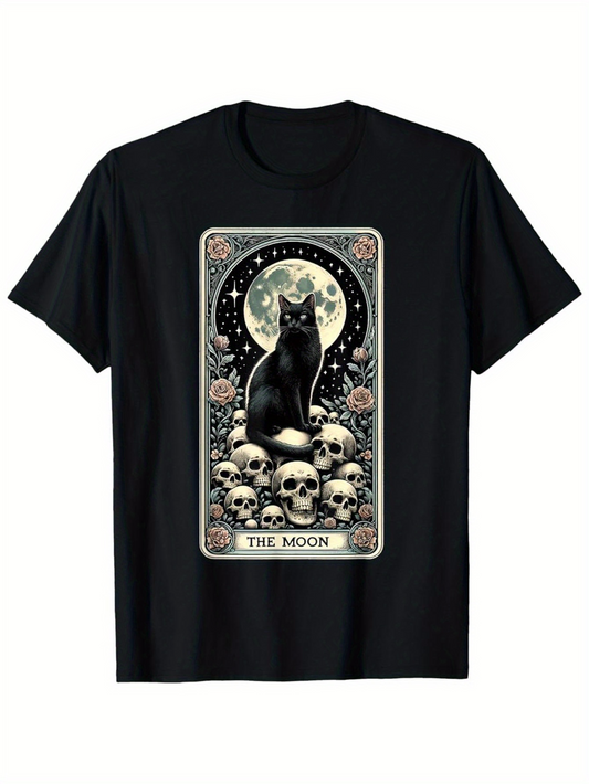 Men's Graphic T-Shirt The Moon Black Cat Surrounded By Skulls Roses And Starry Night Moon