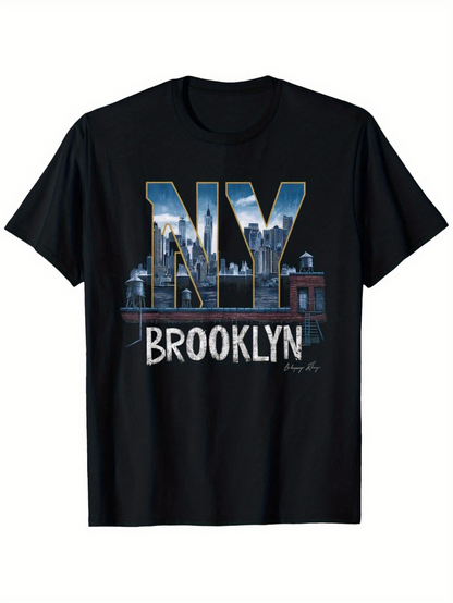 Men's Graphic T-Shirt Night Skyline With Illuminated NYC Letters Featuring Brooklyn Bridge And City Buildings