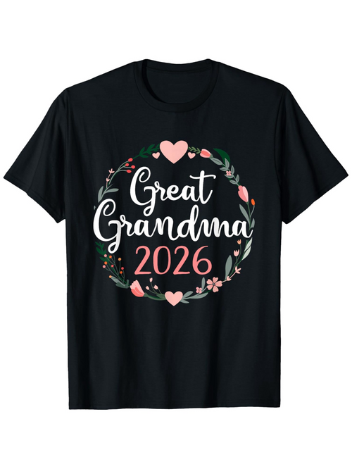 Men's Graphic T-Shirt Great Grandma 2026 Surrounded By Pink Floral Hearts And Green Leaves Wreath