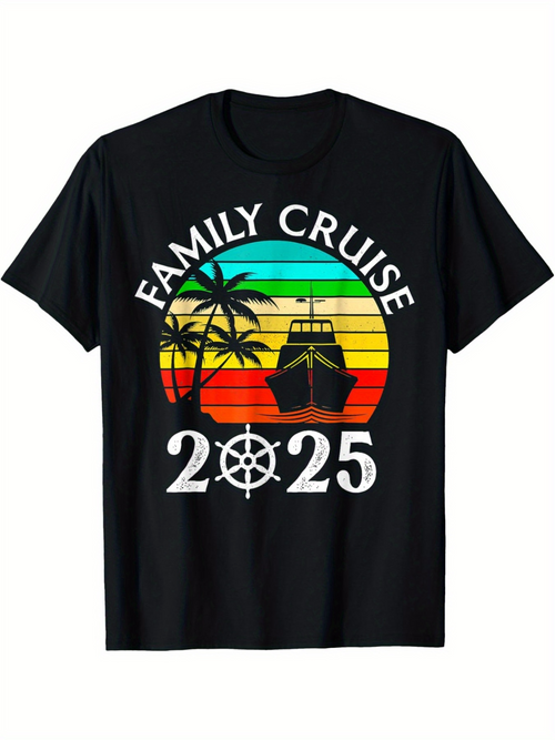 Men's Graphic T-Shirt Family Cruise Colorful Sunset With Palm Trees And Large Ship