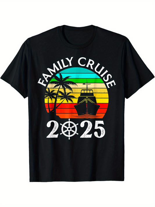Men's Graphic T-Shirt Family Cruise Colorful Sunset With Palm Trees And Large Ship