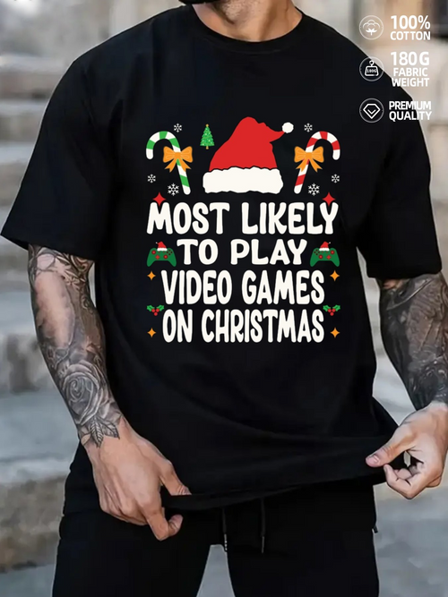 Men's Graphic T-Shirt Most Likely To Play Video Games On Christmas With Santa Hat And Festive Candy Cane Pattern