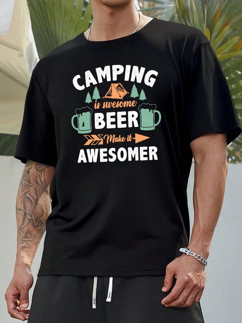 Men's Graphic T-Shirt Camping Is Awesome Beer Makes It Awesomer Under Mountain And Forest Graphic