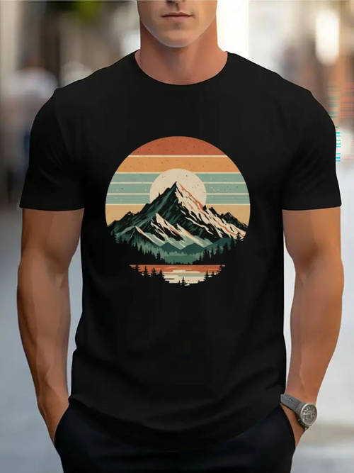 Men's Graphic T-Shirt Retro Sunset With Majestic Mountains Reflected On Calm Lake