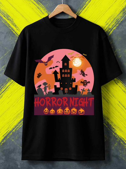 Men's Graphic T-Shirt Horror Night Creepy Haunted Castle With Flying Bats Under Full Moon