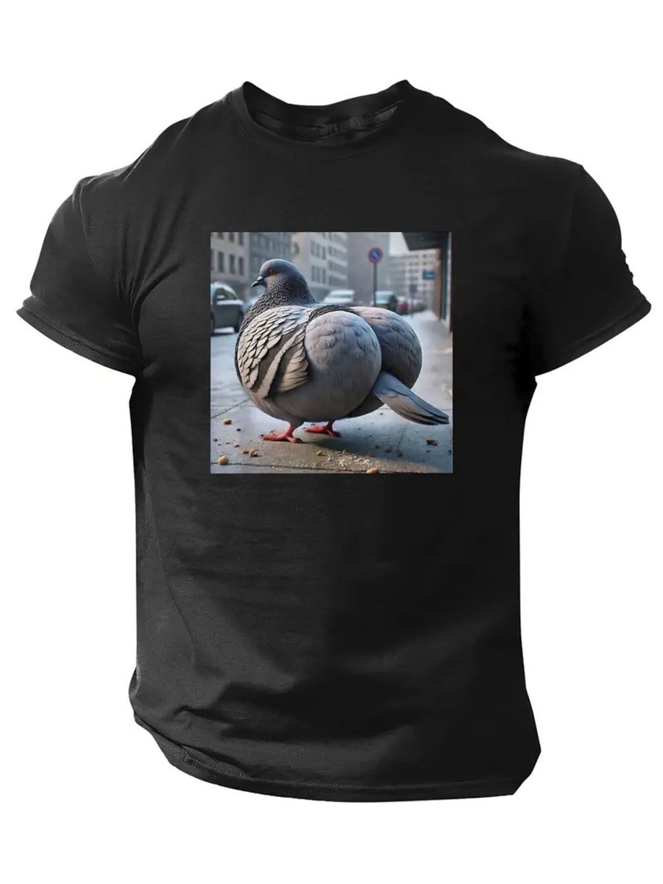 Men's Graphic T-Shirt Urban Backdrop Showing Pigeon Among City Light Reflections