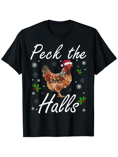 Men's Graphic T-Shirt Peck The Halls Festive Snowflakes With Chicken Wearing Santa Hat