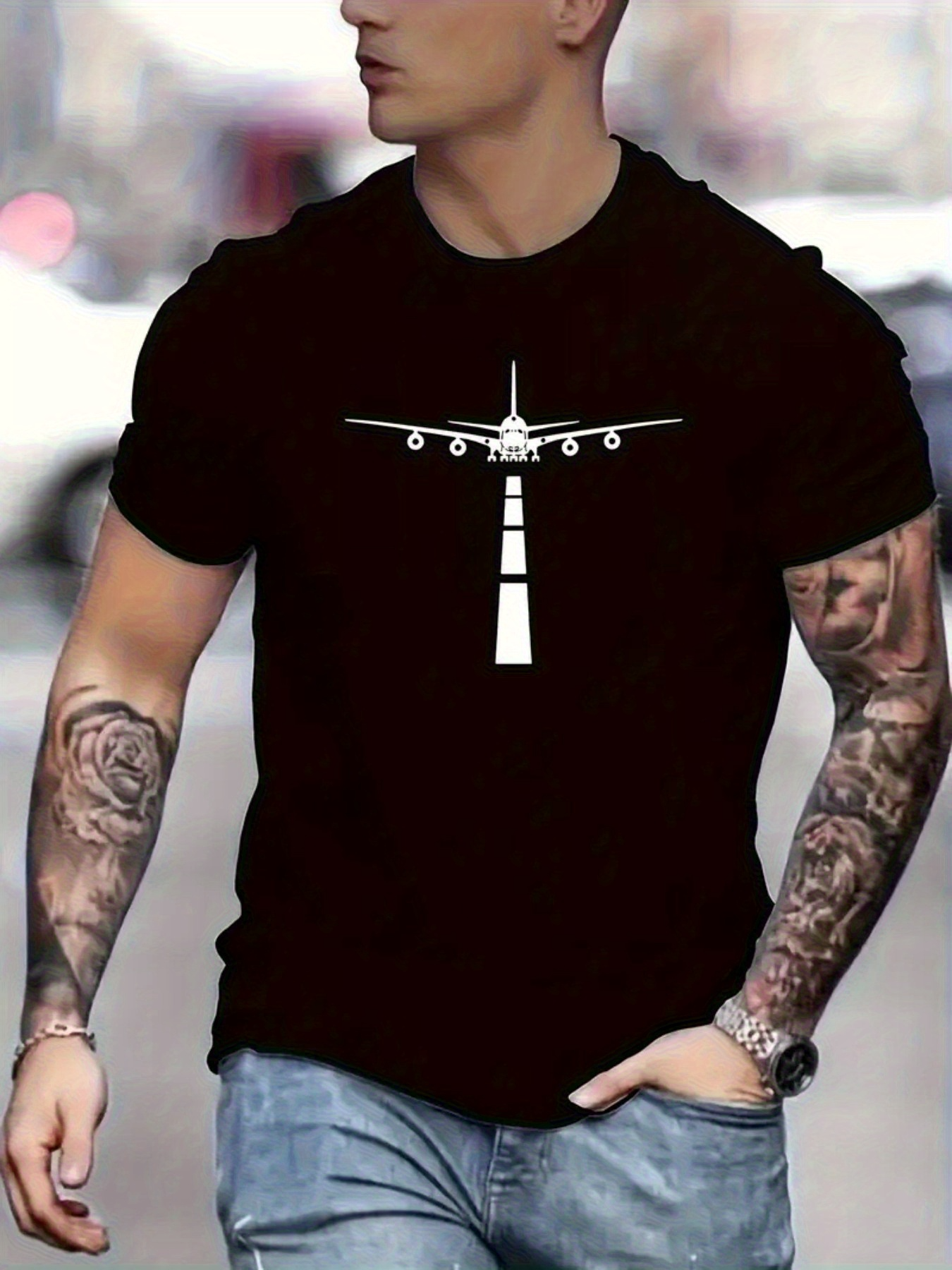 Men's Graphic T-Shirt Landing Airplane On Straight Runway Under Clear Sky Plane