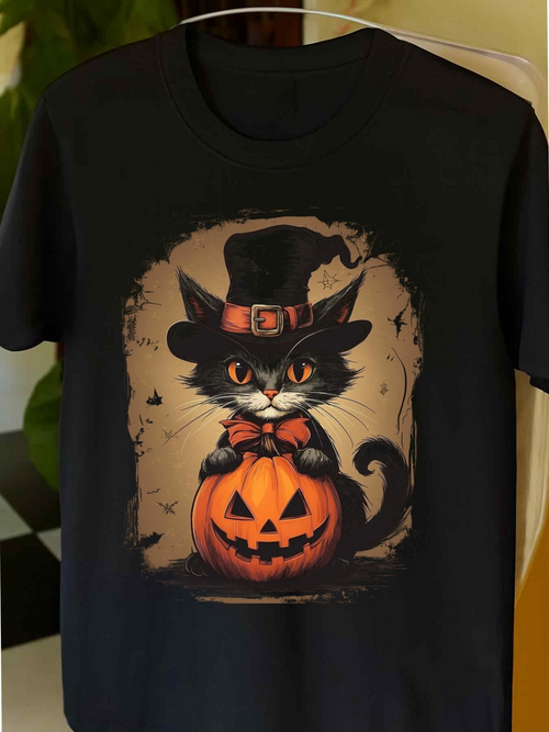 Men's Graphic T-Shirt Halloween Pumpkin With Witch Hat And Mischievous Black Cat