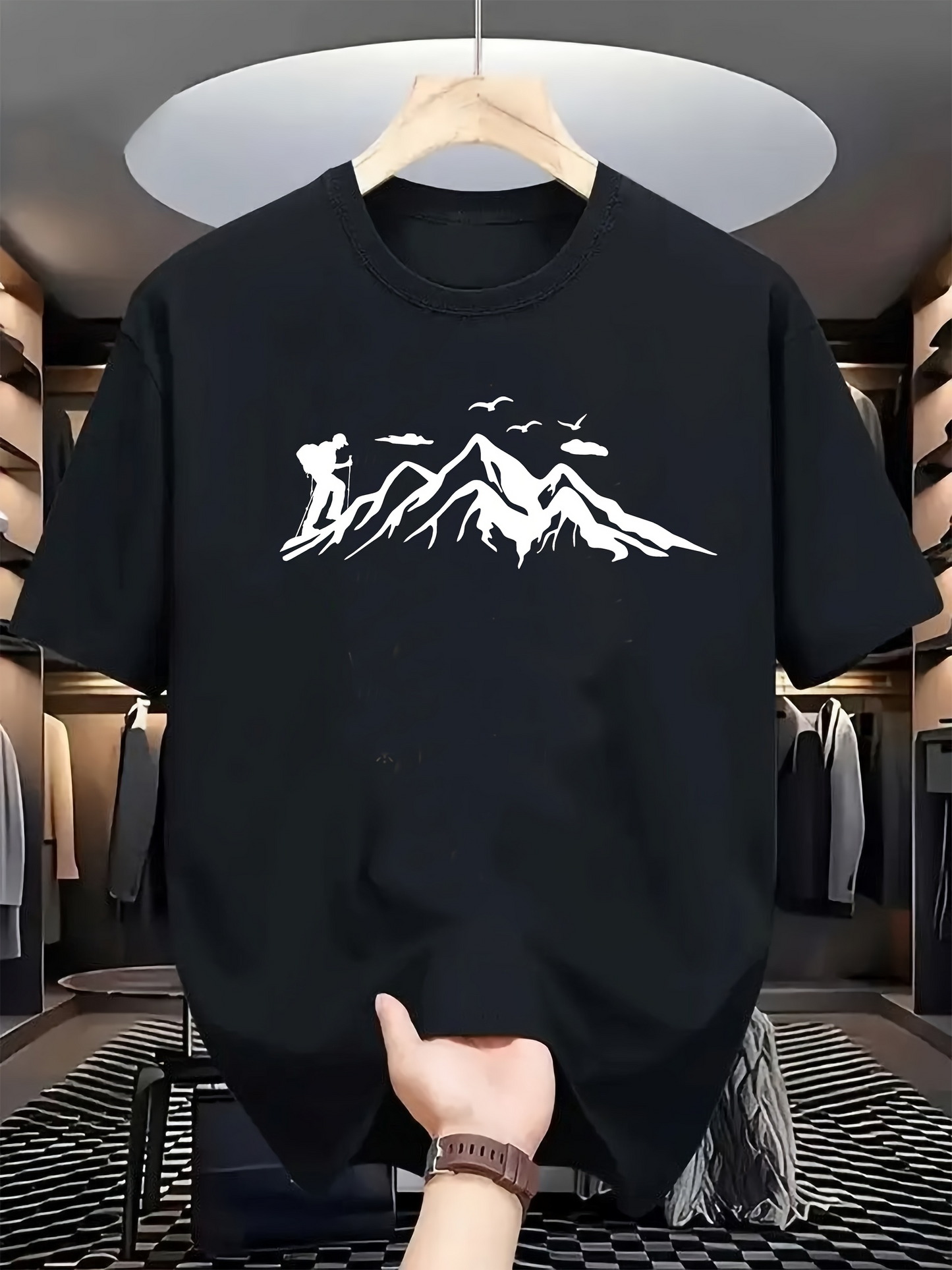 Men's Graphic T-Shirt Hiker With Majestic Snowcapped Mountains And Flying Birds Adventure