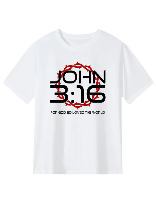 Men's Graphic T-Shirt John 316 With Red Crown Of Thorns Centered Over White Shirt