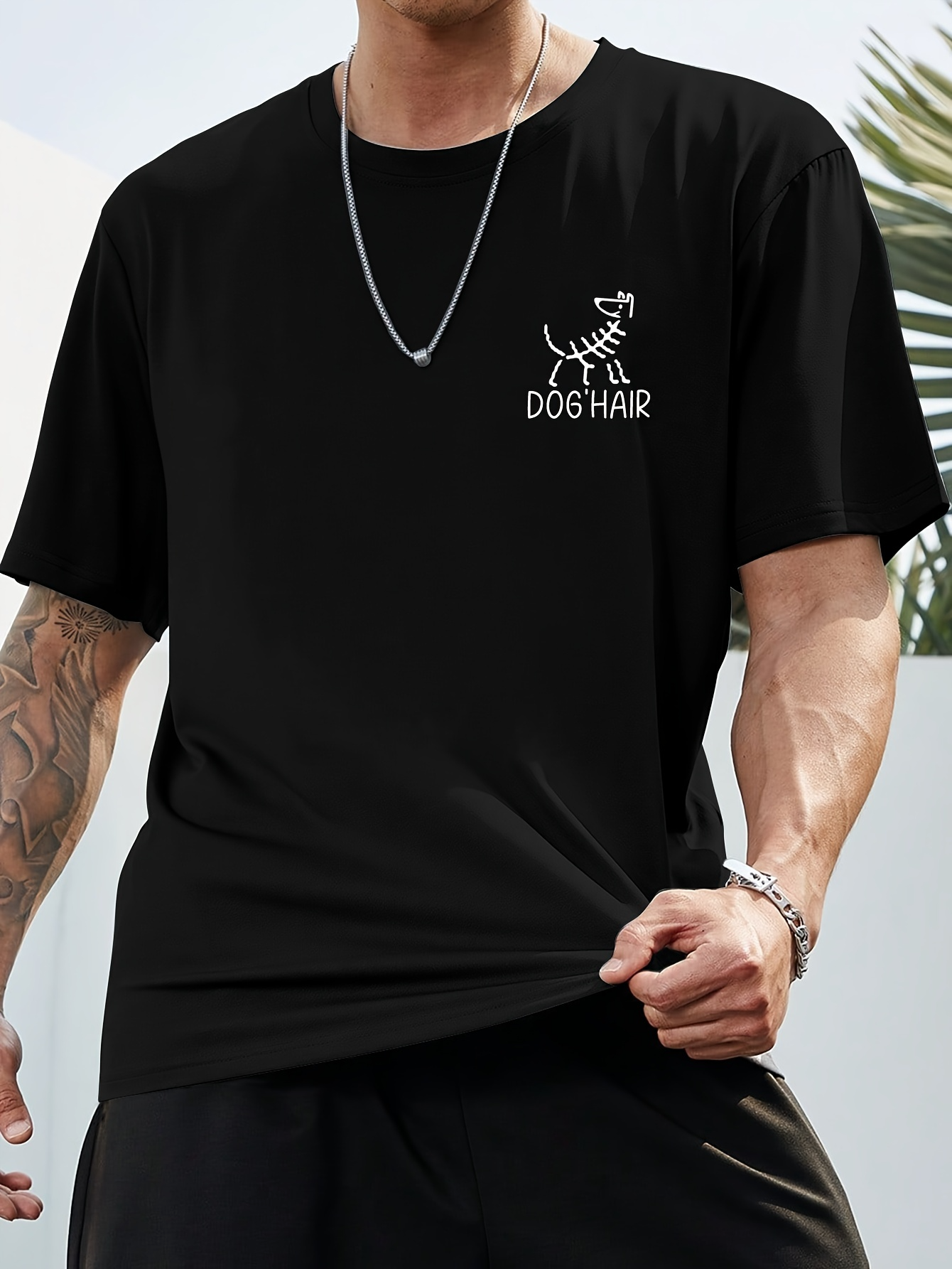 Men's Graphic T-Shirt Minimal Line Style Playful Cartoon Dog With Lettering Dog Hair