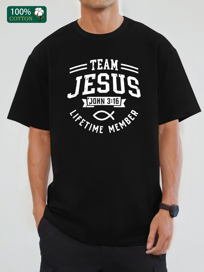 Men's Graphic T-Shirt Team Jesus Lifetime Member With Fish Symbol And Bold Text