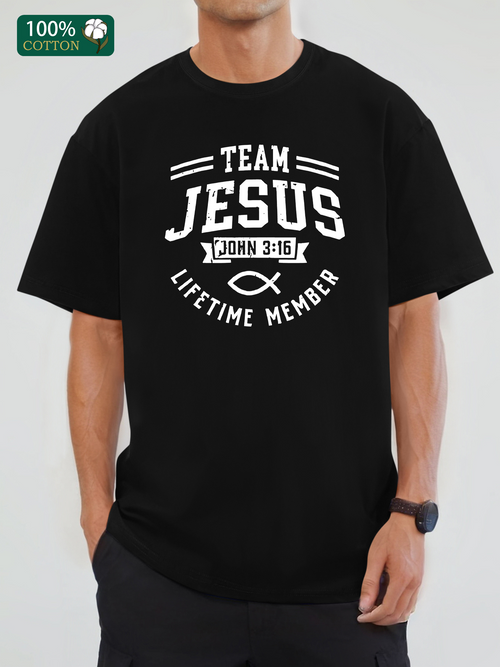 Men's Graphic T-Shirt Team Jesus Lifetime Member With Fish Symbol And Bold Text