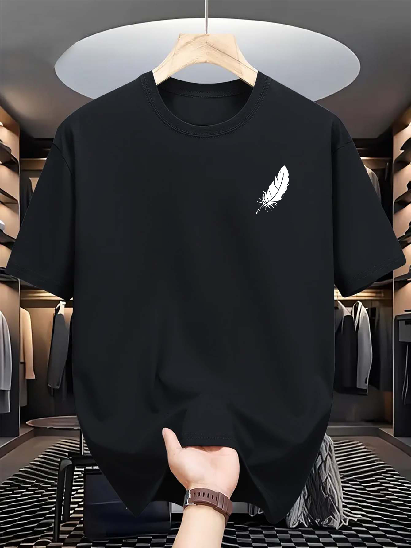 Men's Graphic T-Shirt Soft White Feather Floating On Minimalist Black Fabric T Shirt