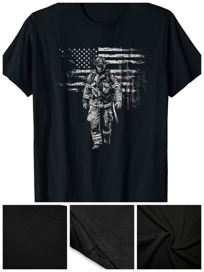 Men's Graphic T-Shirt Distressed American Flag With Brave Firefighter Walking Proudly Under Banner