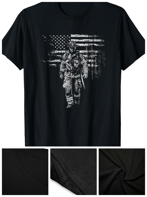 Men's Graphic T-Shirt Distressed American Flag With Brave Firefighter Walking Proudly Under Banner