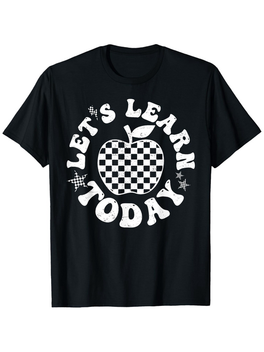 Men's Graphic T-Shirt Lets Learn Today With Checkered Pattern Surrounding Apple