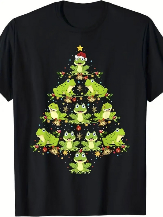 Men's Graphic T-Shirt Playful Green Frogs Arranged In Festive Holiday Christmas Tree Formation