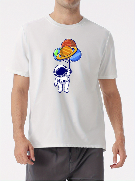 Men's Graphic T-Shirt Floating Astronaut Holding Colorful Planet Shaped Balloons In Space