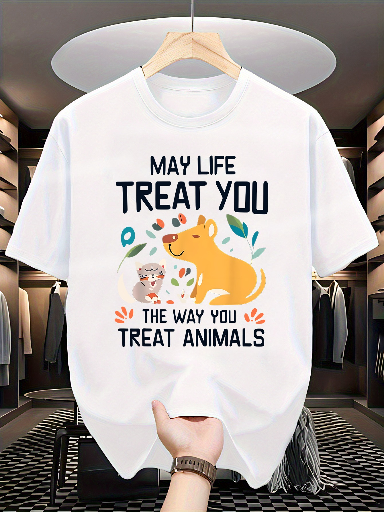 Men's Graphic T-Shirt May Life Treat You With Kindness Surrounded By Smiling Cat And Dog